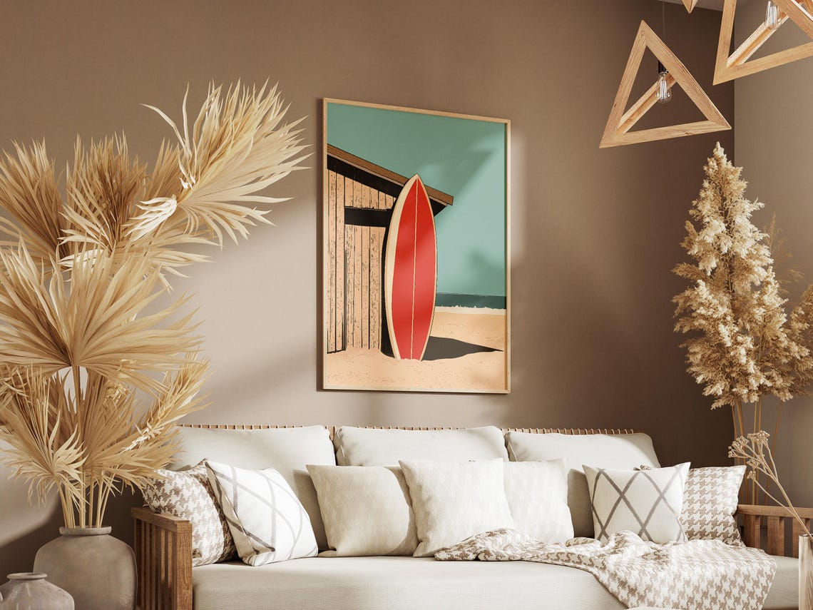 Red Surfboard Wooden Beach Hut Summer Surf Coastal Travel Poster - Image 3