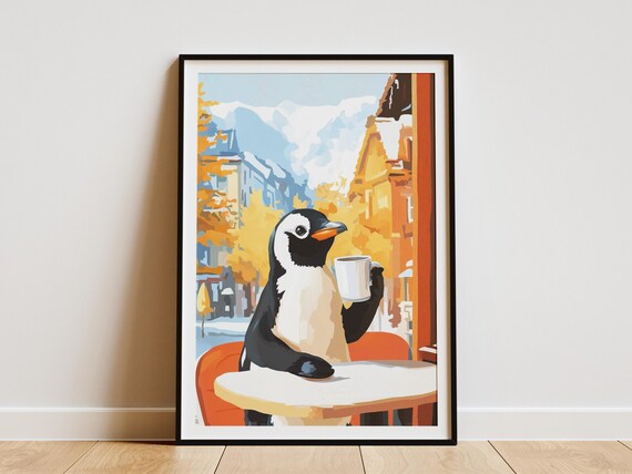 Penguin Cafe Coffee Art Print, Cozy Animal Illustration