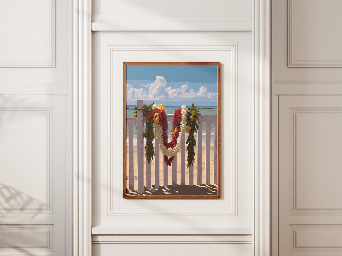 Hawaiian Lei Garland White Picket Fence Beach Ocean Art Poster - Image 2