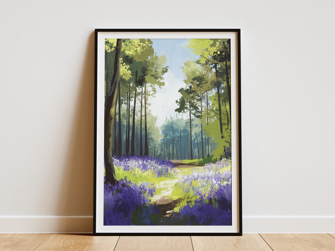 Purple Bluebell Woodland Forest Path Spring Flower Field Poster