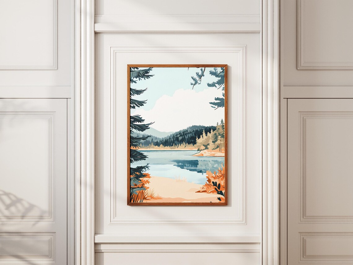 Autumn Lakeshore Pine Branches Mountain View Landscape Poster - Image 2