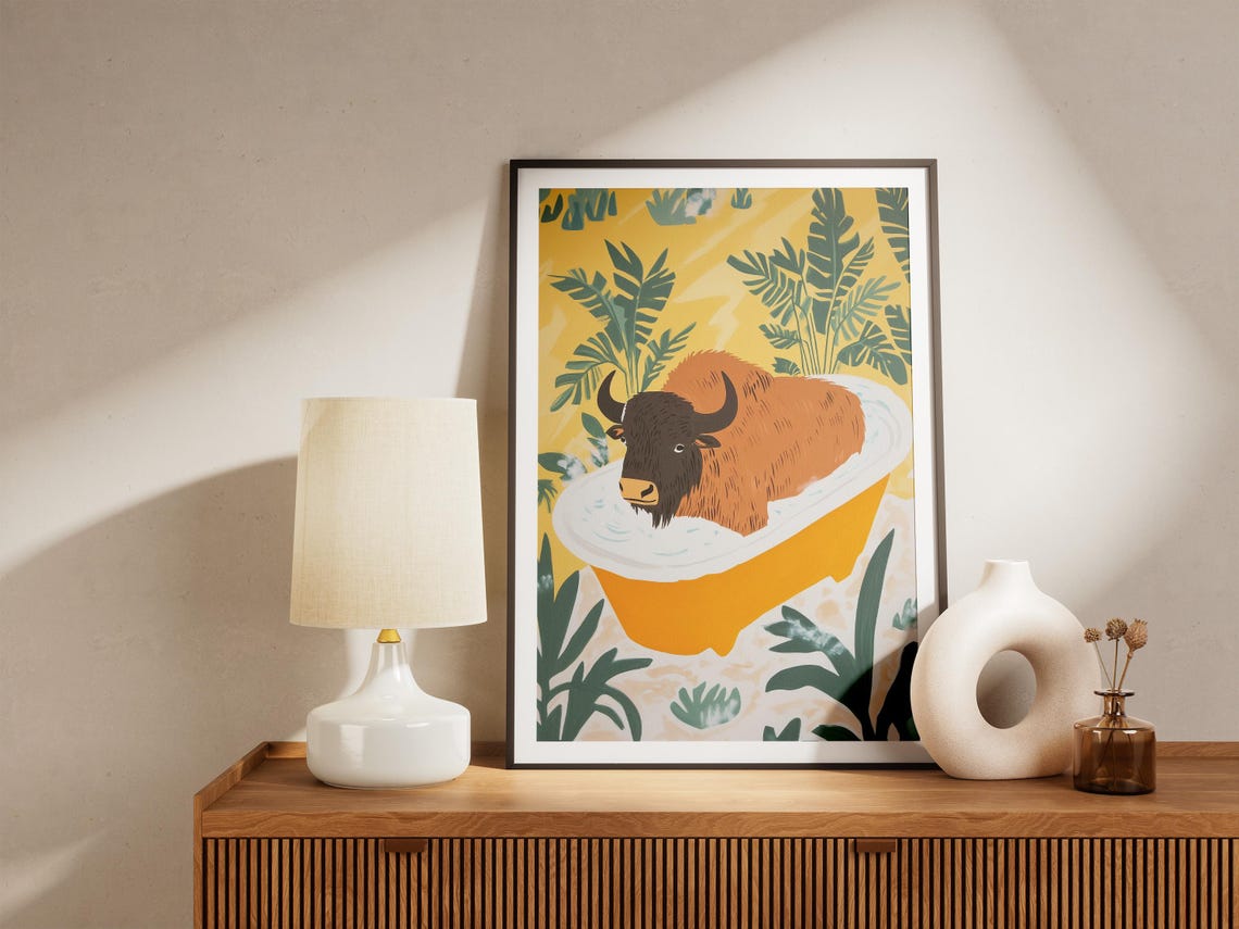 Bison Relaxing in a Bright Yellow Bathtub Among Palm Leaves Poster - Image 5
