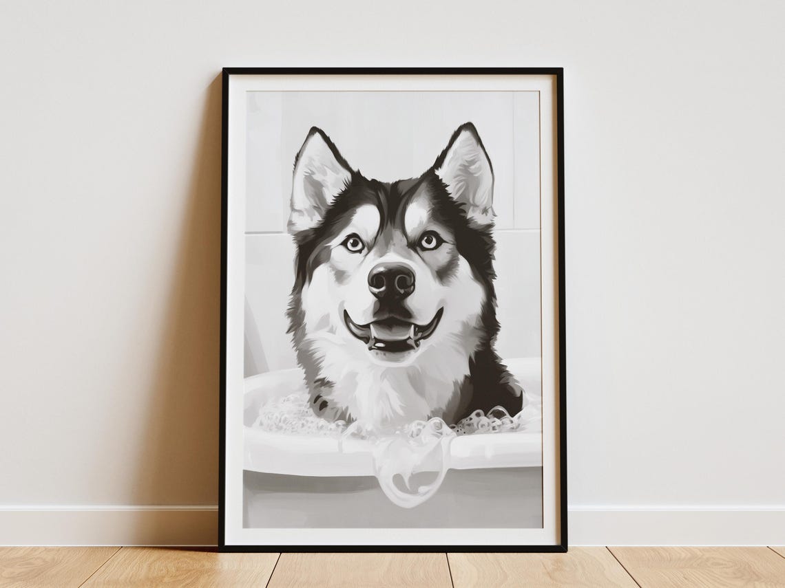 Alaskan Malamute in Bubble Bath Black and White Happy Dog Decor Poster