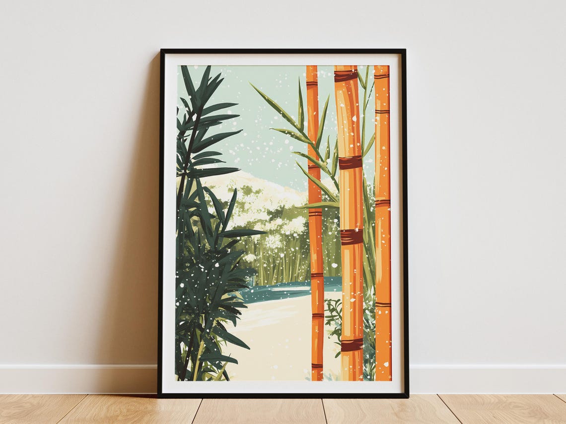 Snow Falling on Orange Bamboo Stalks Beside a Garden Pond Poster