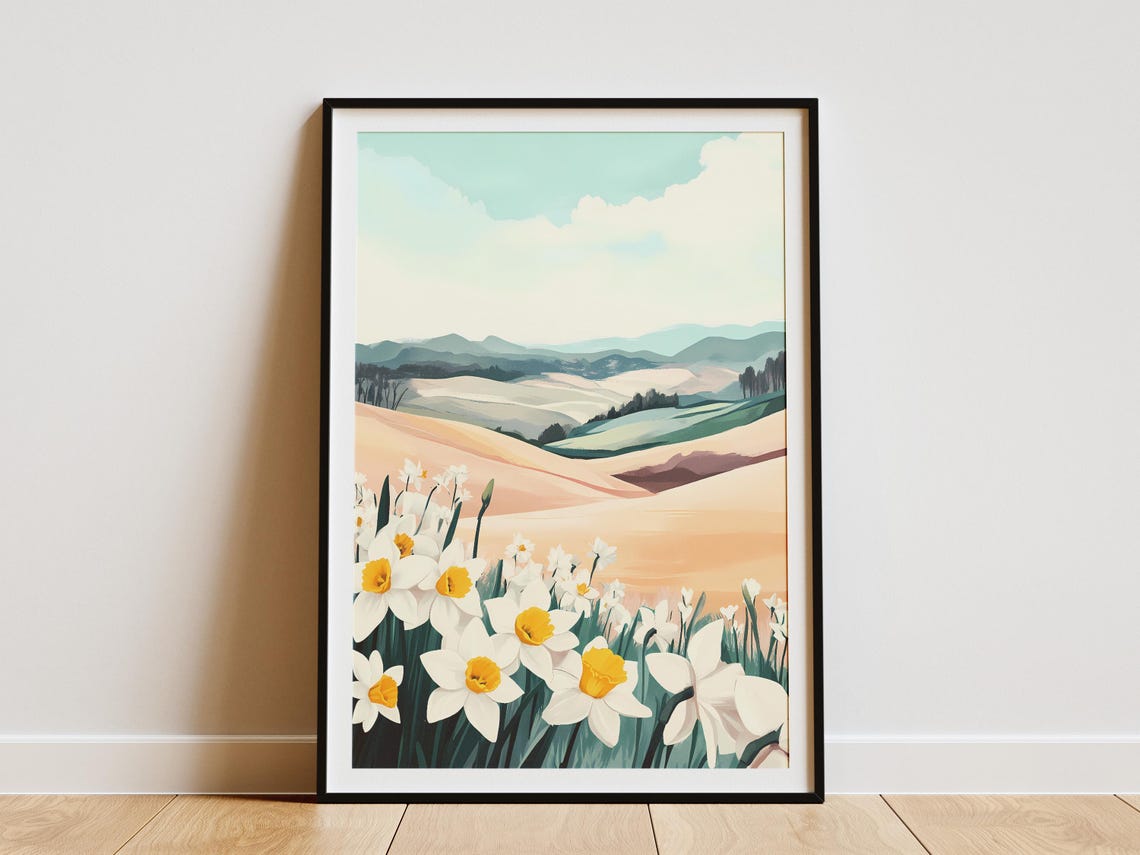 White Daffodils Before Rolling Spring Hills Landscape Poster