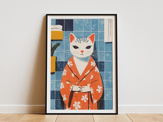 Cat in Bathrobe Funny Bathroom Art Quirky Feline Illustration Poster