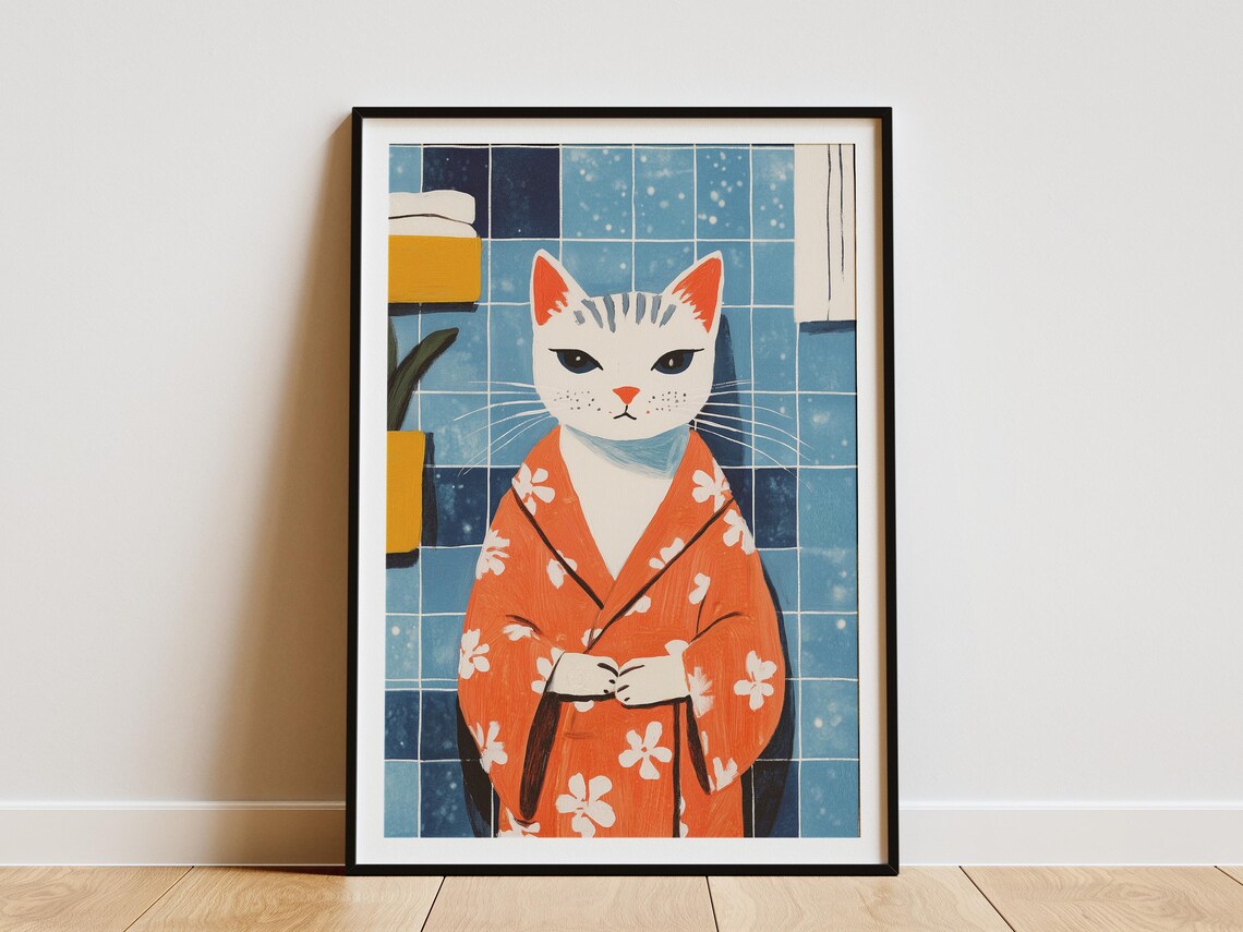 Cat in Bathrobe Funny Bathroom Art Quirky Feline Illustration Poster