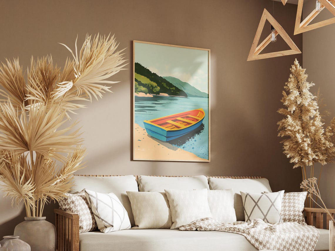 Blue and Red Rowboat Beached on a Quiet Mountain Lake Shore Poster - Image 3