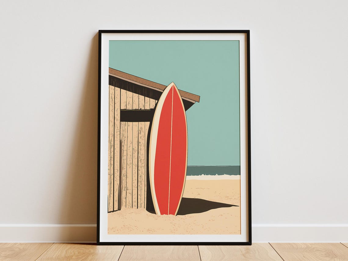Red Surfboard Wooden Beach Hut Summer Surf Coastal Travel Poster