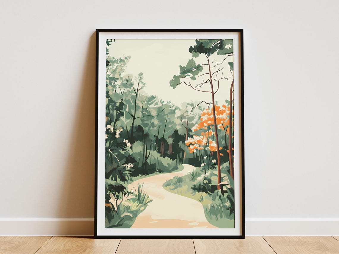Winding Path Through Soft Green Spring Woods With Blossoms Poster