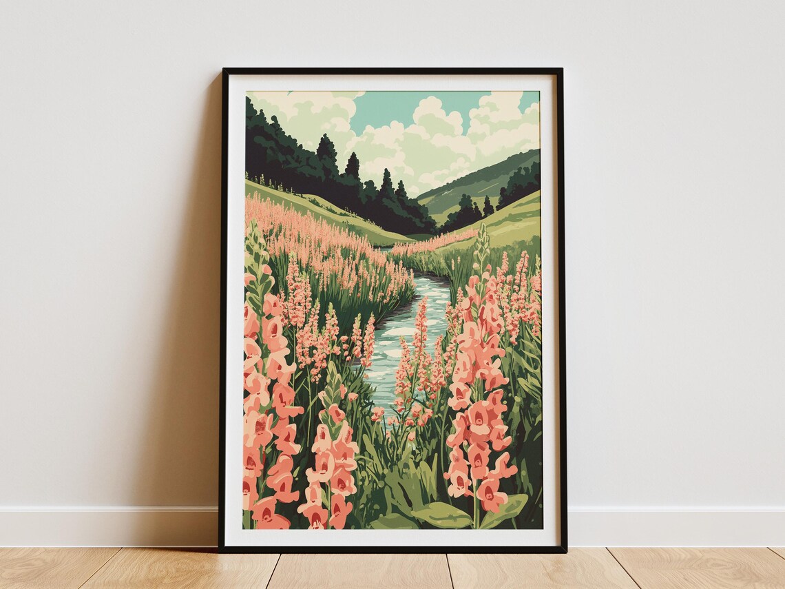 Pink Snapdragon Flowers Beside a Stream in Green Valley Art Poster