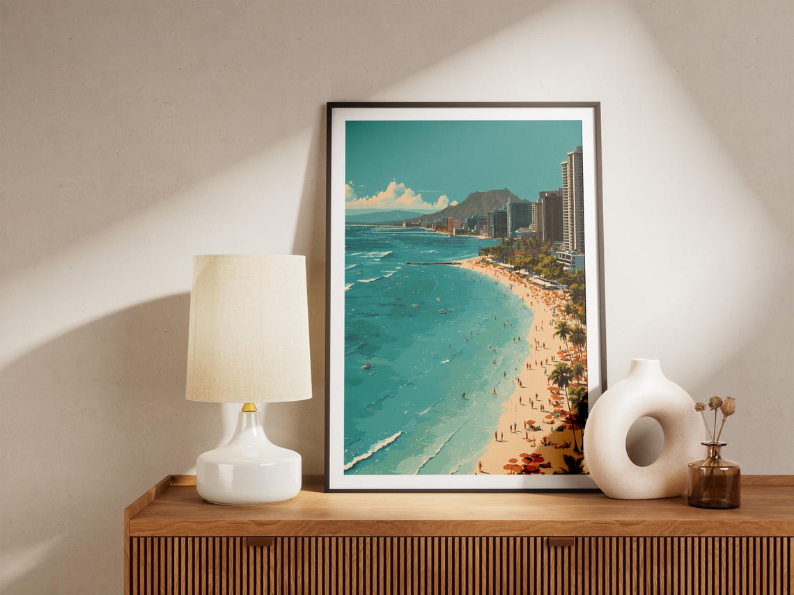 Waikiki Beach Vintage Travel Poster Diamond Head Honolulu Hawaii Art - Image 4