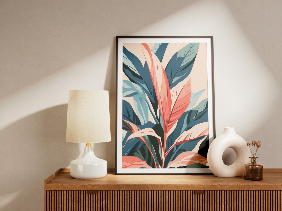 Bold Coral and Teal Tropical Leaves Abstract Botanical Poster - Image 2
