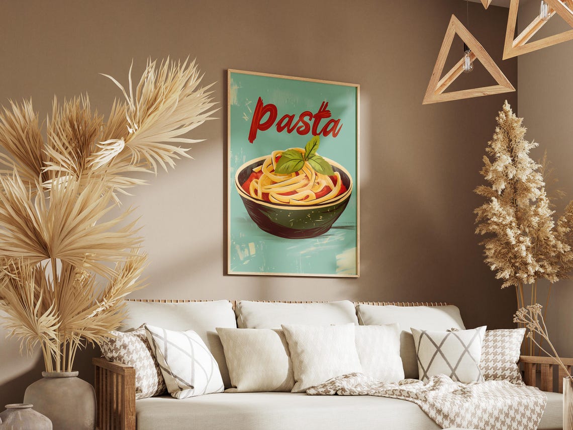 Pasta Spaghetti Basil Bowl Bold Red Retro Italian Food Poster - Image 3