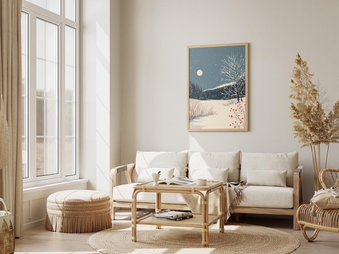 Snowy Winter Night Moonlit Meadow Red Berries Falling Snow Poster - Image 4
