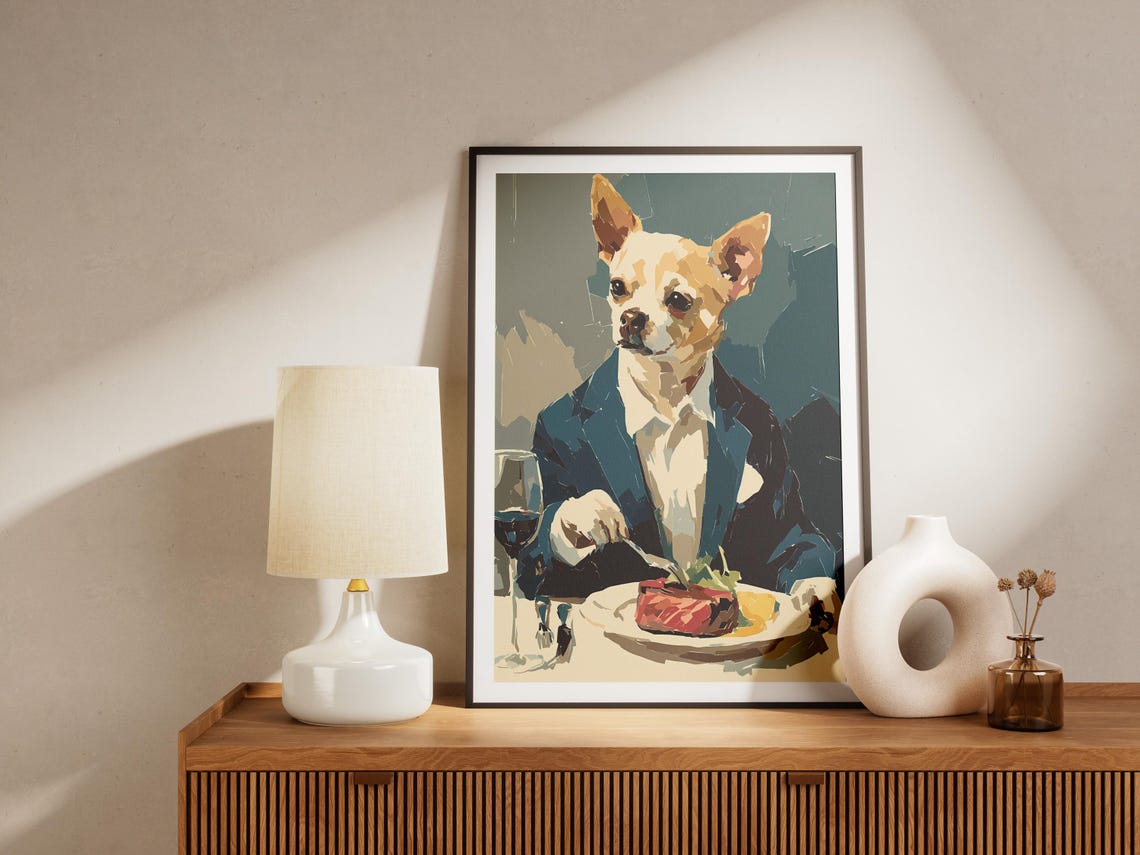 Chihuahua in Suit Eating Steak Dinner Fine Dining Dog Art Poster - Image 4