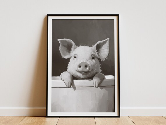 Piglet In Bathtub Poster Cute Pig Black And White Bathroom Decor
