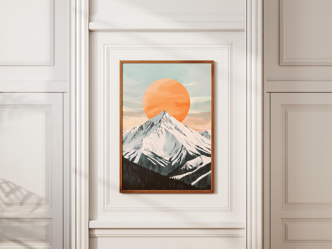 Giant Orange Sun Behind Snow Capped Mountain Peak Scenic Poster - Image 2