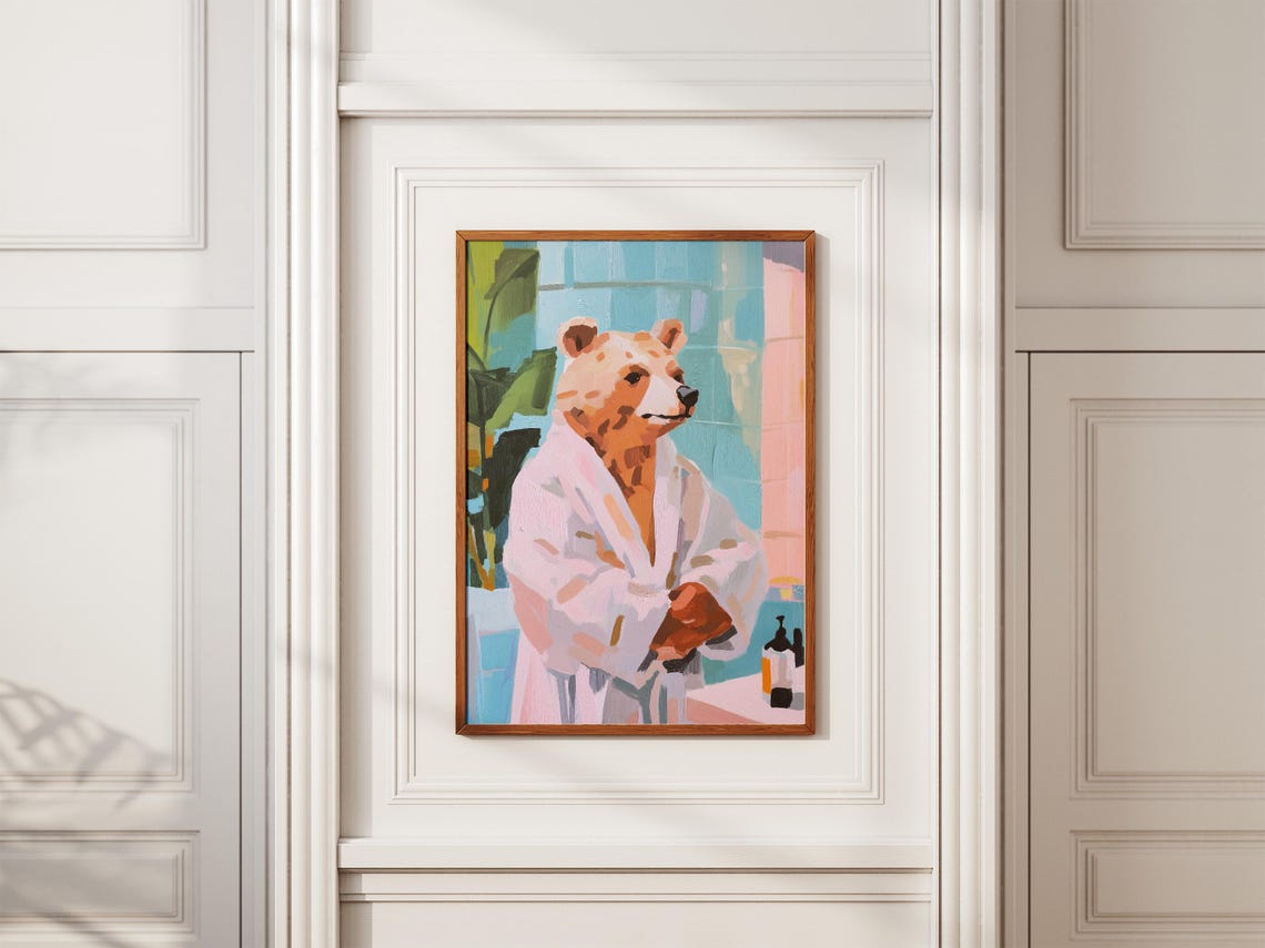 Gentle Brown Bear Wrapped in a Soft Pink Bathrobe Bathroom Poster - Image 2