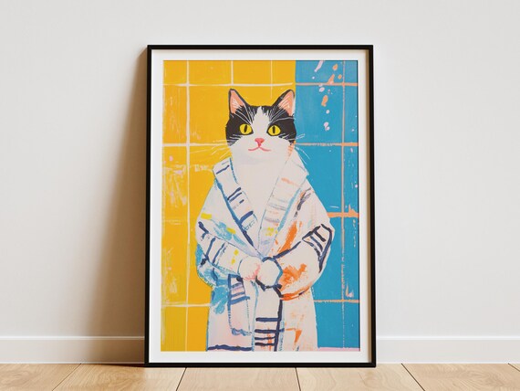 Black And White Cat White Bathrobe Colorful Bathroom Modern Pet Poster