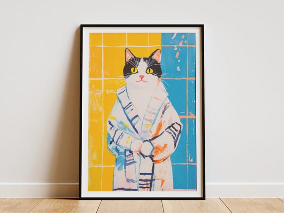 Cute Cat In Bathrobe Poster Funny Pet Art Print Modern Illustration Whimsical Animal Wall Decor Unique Bathroom Yellow And Blue