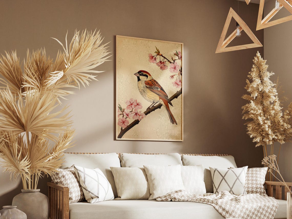 Sparrow Perched on Cherry Blossom Branch Japanese Spring Poster - Image 3