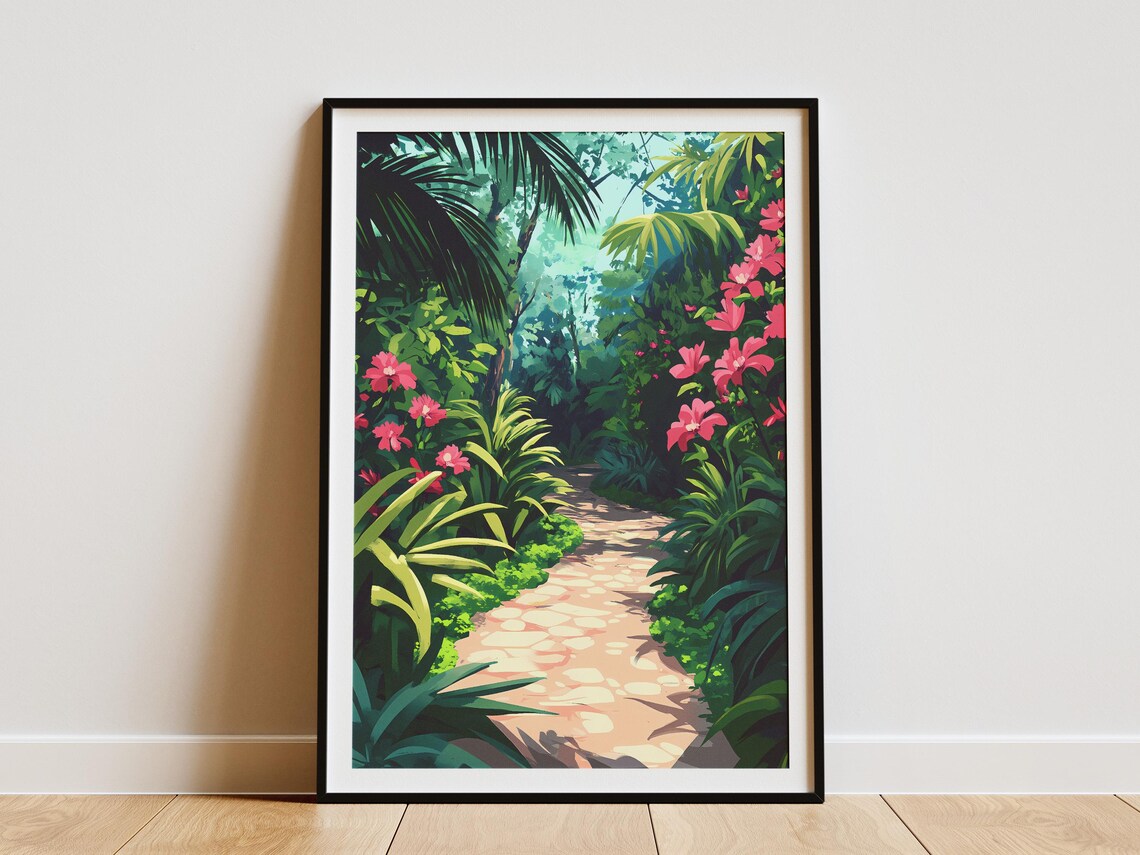 Pink Hibiscus Jungle Path Poster in a Tropical Green Paradise Scene