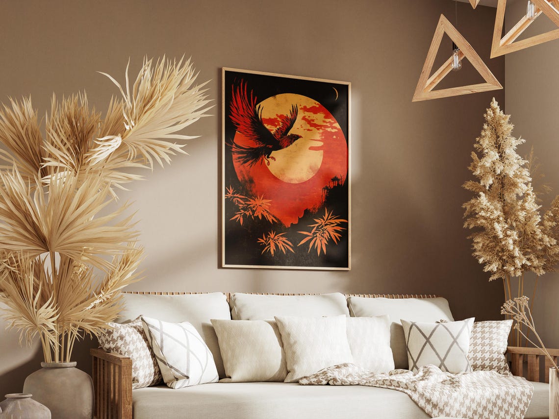Phoenix Soaring Before Giant Red Sun Japanese Style Art Poster - Image 3