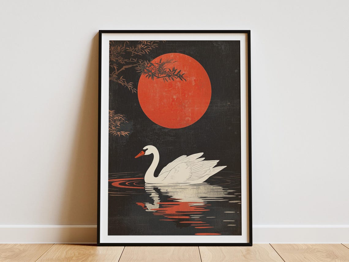 Swan Under Red Sun Japanese Woodblock Style Dramatic Art Poster