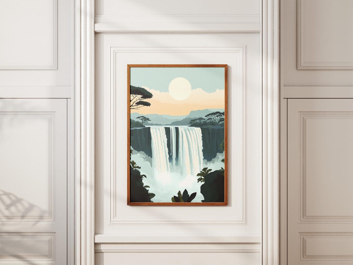 Majestic African Waterfall with Mist and Acacia Trees Poster - Image 2