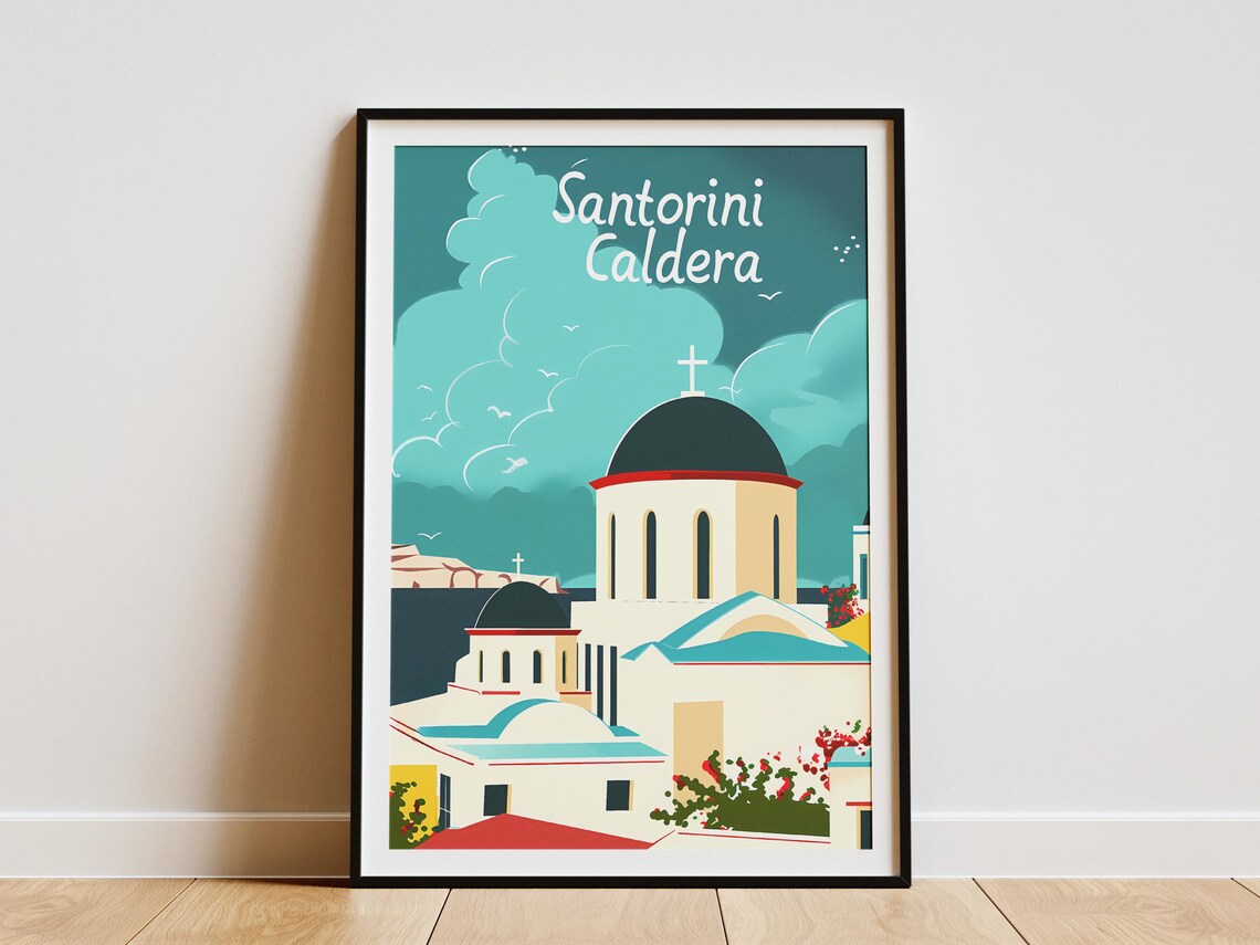 Santorini Caldera White Church Blue Dome Vintage Scenic Poster