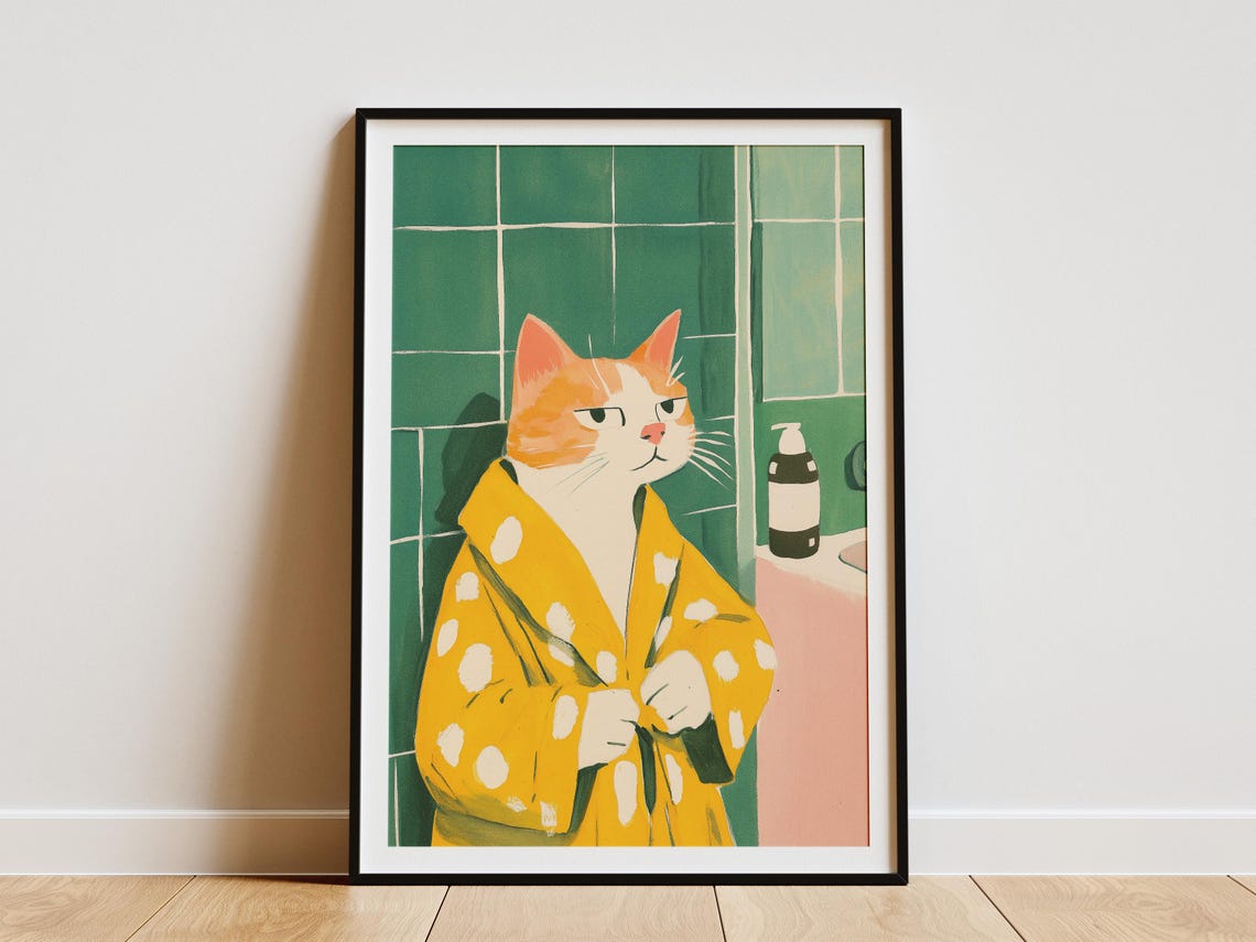 Orange Cat in Yellow Polka Dot Bathrobe Whimsical Cat Wall Poster