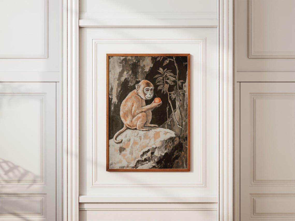 Monkey Holding a Peach on Rock Traditional Asian Ink Art Poster - Image 2