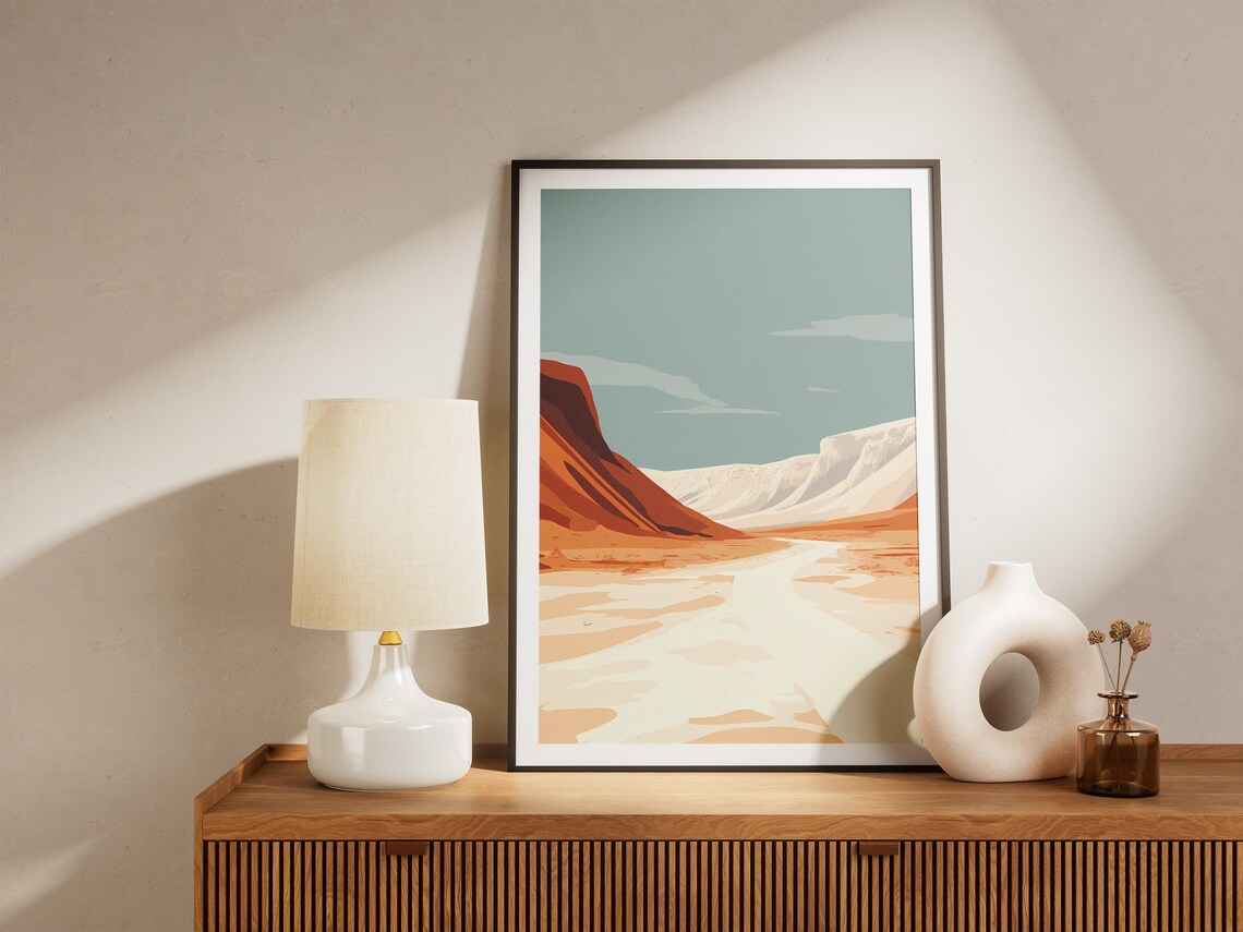 White Desert Valley with Red Rock Slopes Minimalist Poster Scenic - Image 5