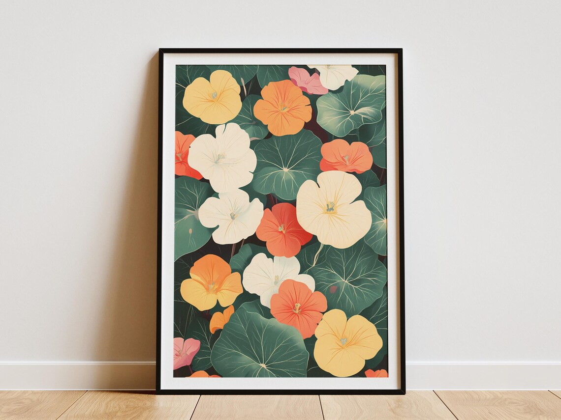 Nasturtium Flowers Orange Yellow Botanical Illustration Poster
