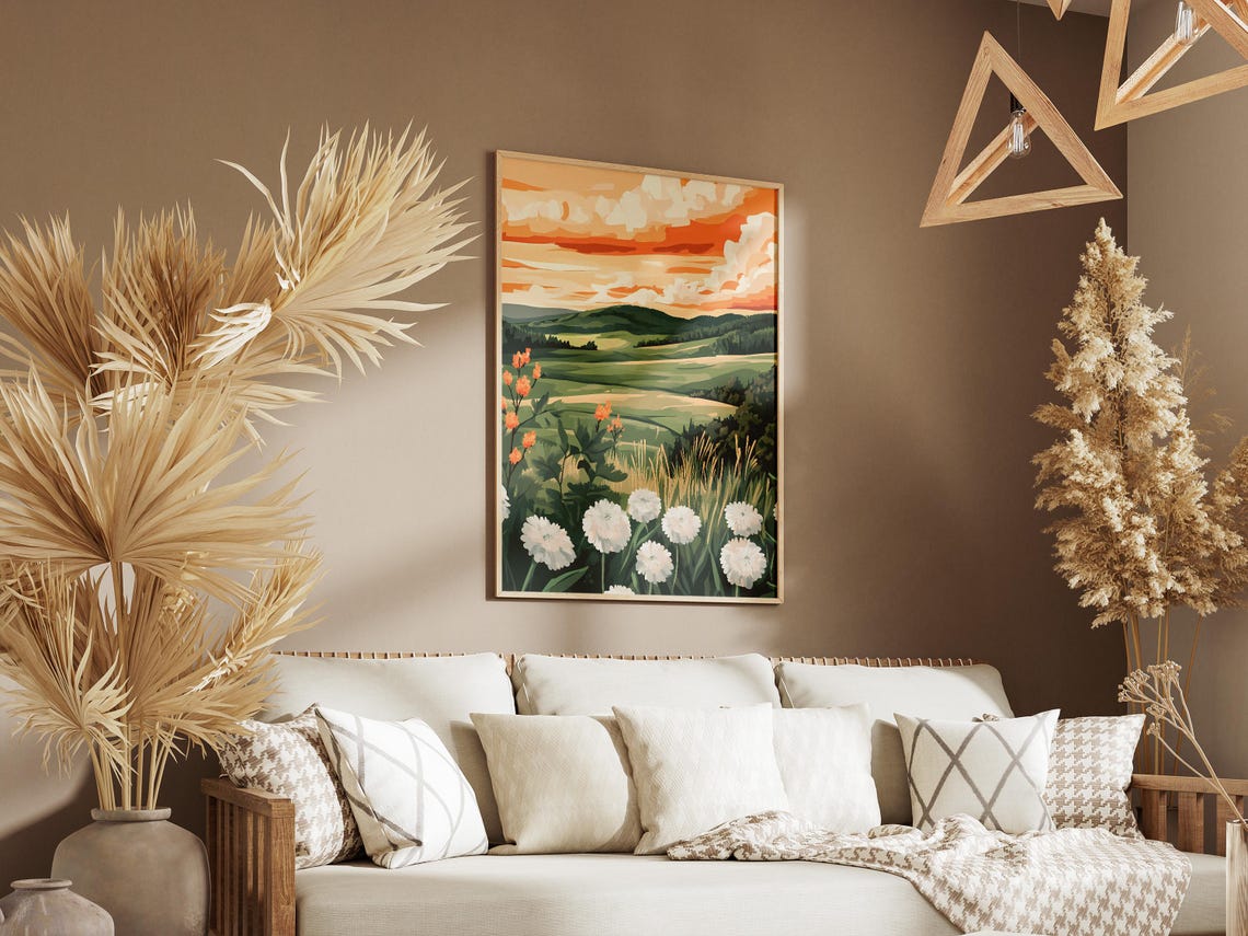 Golden Sunset Over Green Valley With White Wildflowers Poster - Image 3