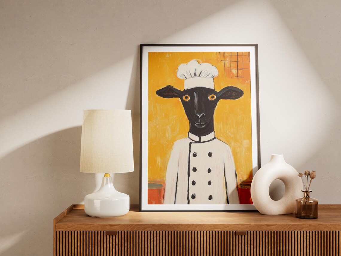 Funny Black Sheep Chef In White Uniform On Bold Yellow Poster - Image 4