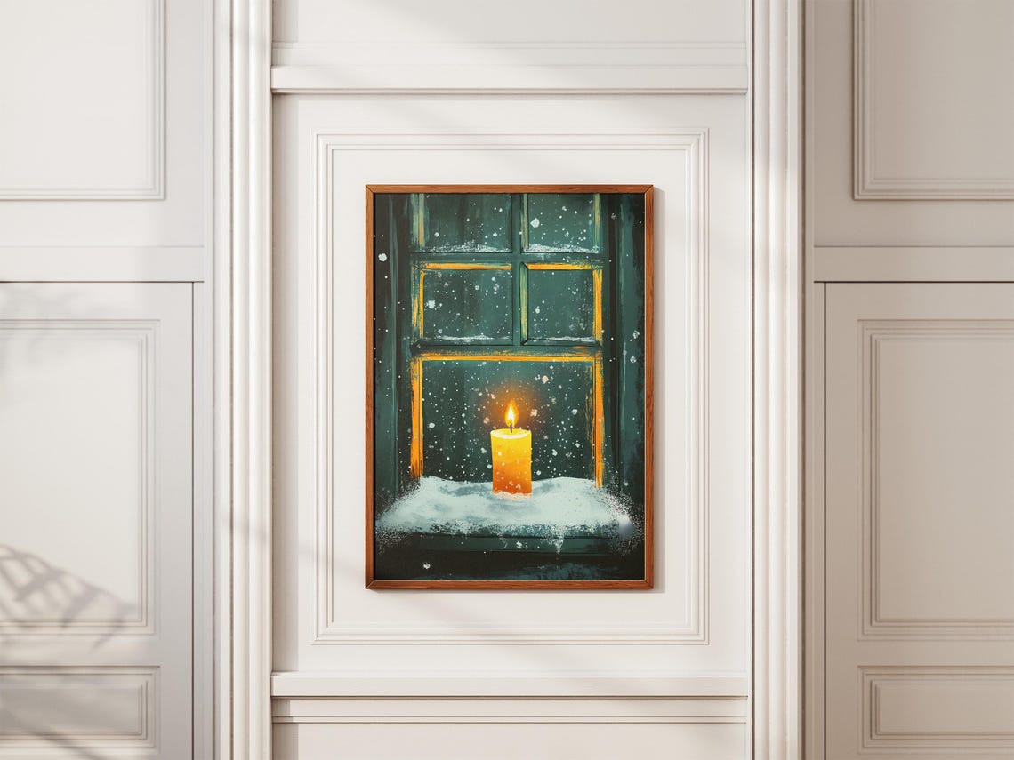 Lit Candle on a Snowy Windowsill in a Dark Teal Window Poster - Image 2