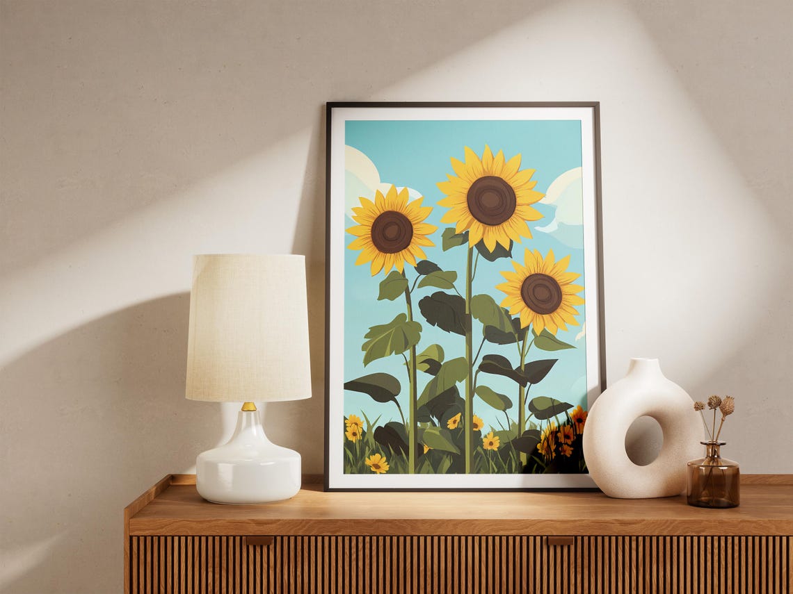 Three Tall Sunflowers Against a Bright Blue Sky Poster Summer Bloom - Image 5