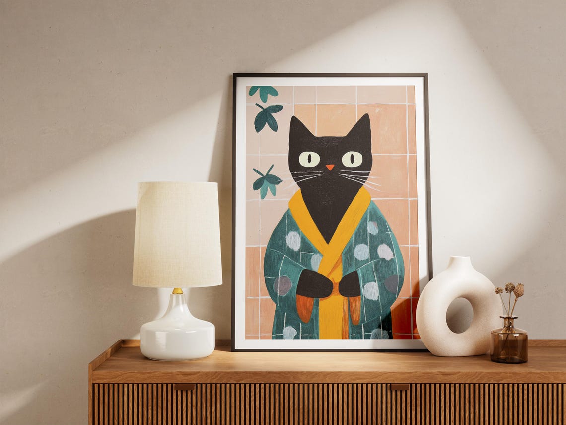 Black Cat Green Kimono Minimalist Folk Style Bathroom Poster - Image 4