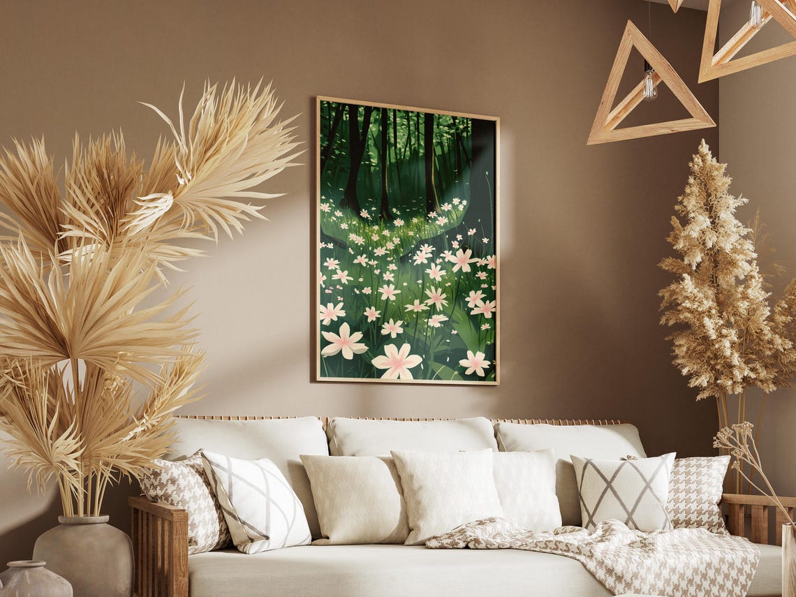 Delicate White Wildflowers Dark Green Forest Meadow Serene Print - Image 3
