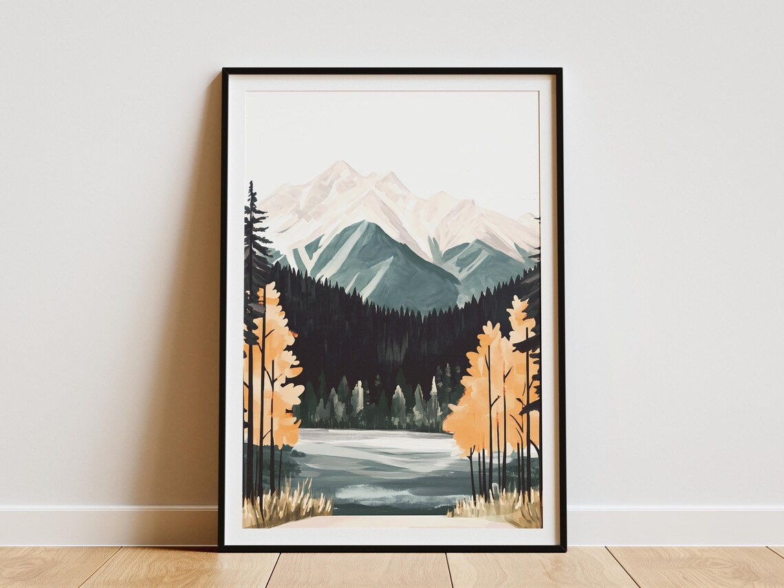 Golden Larch Trees by a Still Misty Mountain Lake Autumn Poster