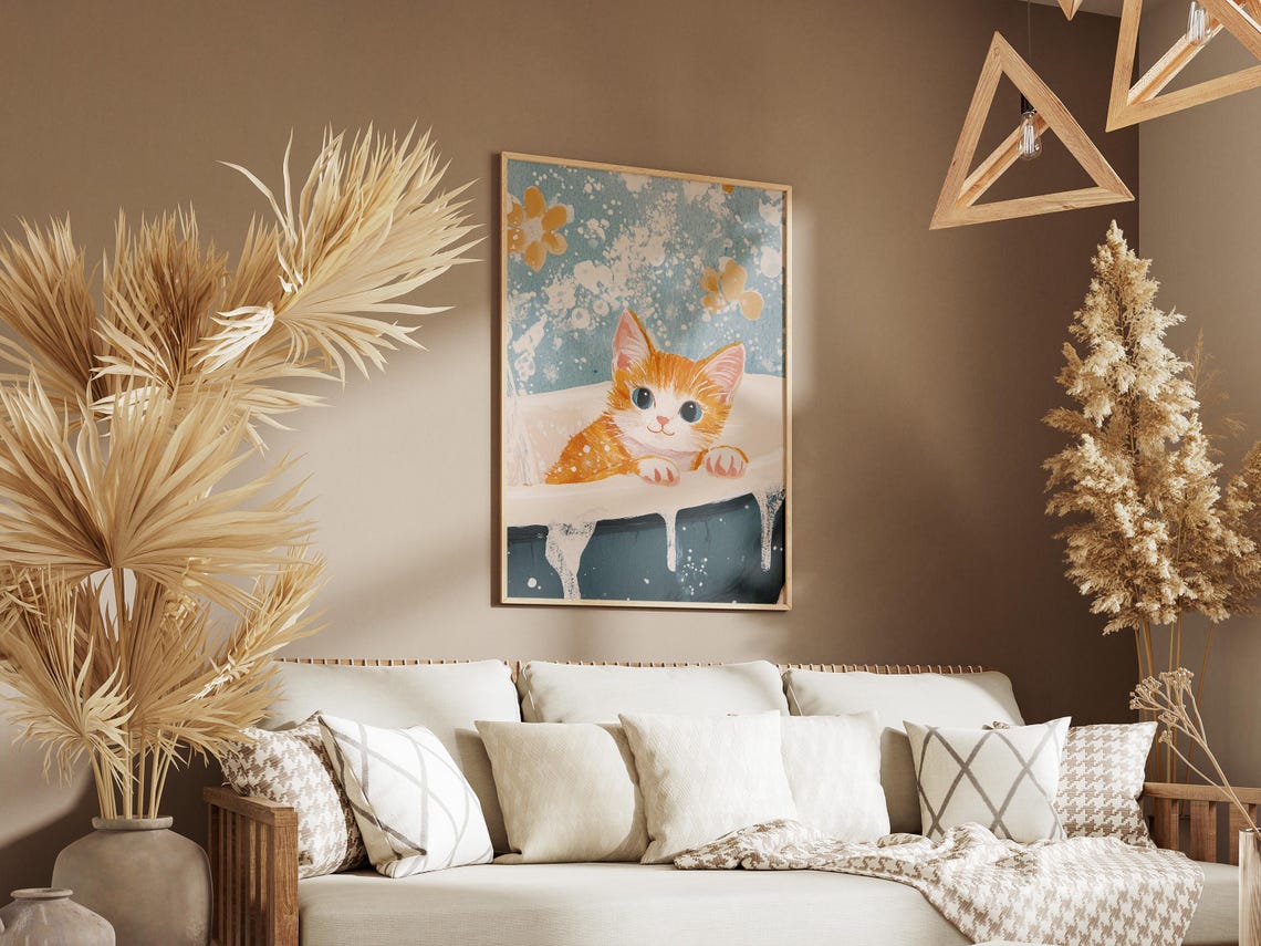 Orange Tabby Kitten Bubble Bath Floral Splash Cute Art Poster - Image 3