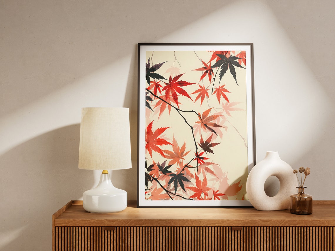 Japanese Maple Leaves Autumn Red Black Minimalist Botanical Print - Image 2