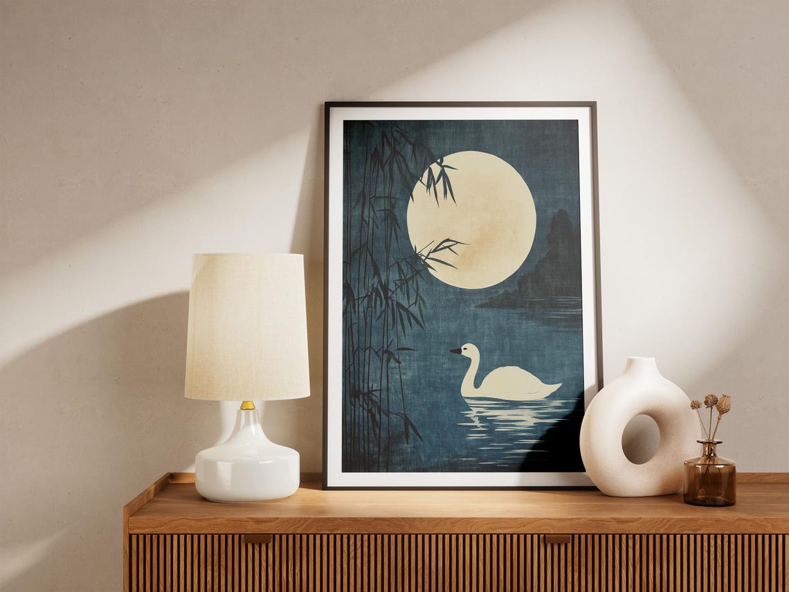 White Swan on Moonlit Lake with Bamboo Traditional Chinese Art Poster - Image 5