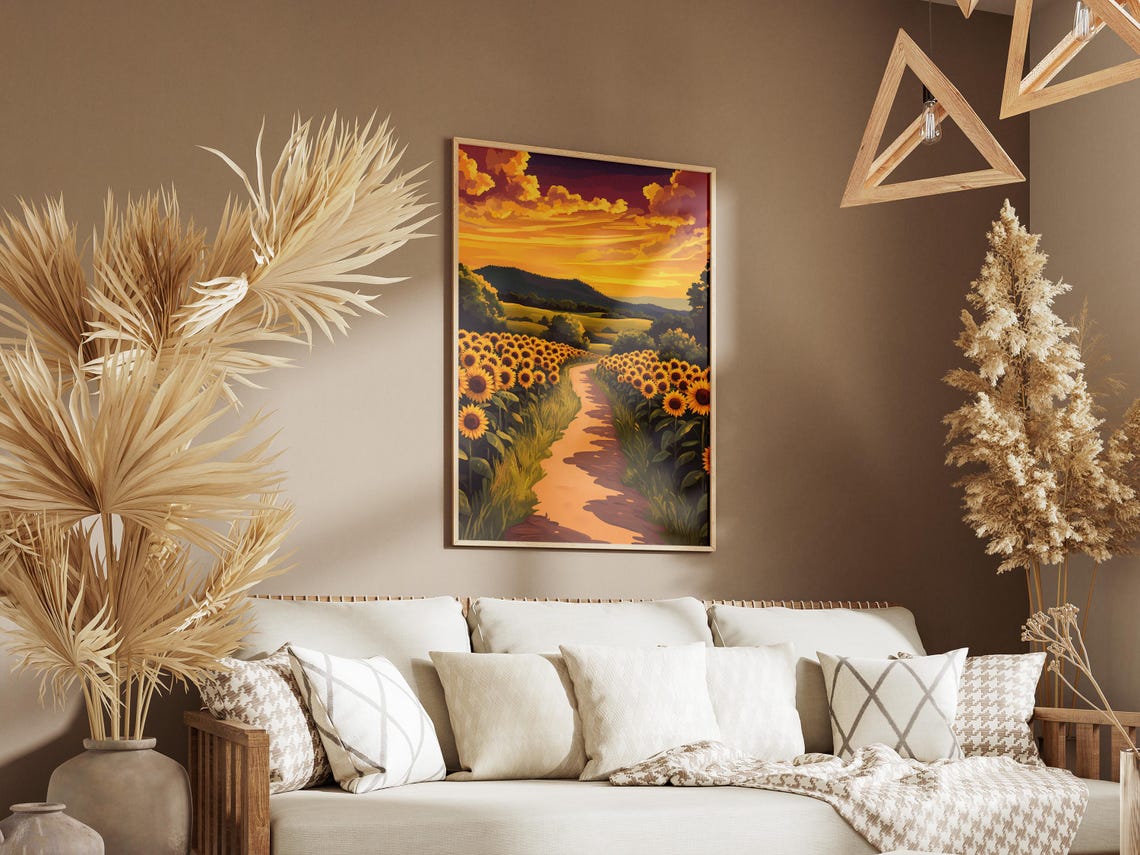 Sunflower Dusk Road Summer Poster Nature Wall Art Yellow Flower Field Country Road Print Farmhouse Decor Sunflower Art Print Vintage - Image 3