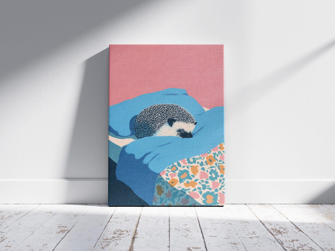 Cozy Sleeping Hedgehog on Blue Pillow Floral Matisse Art Poster - Image 2