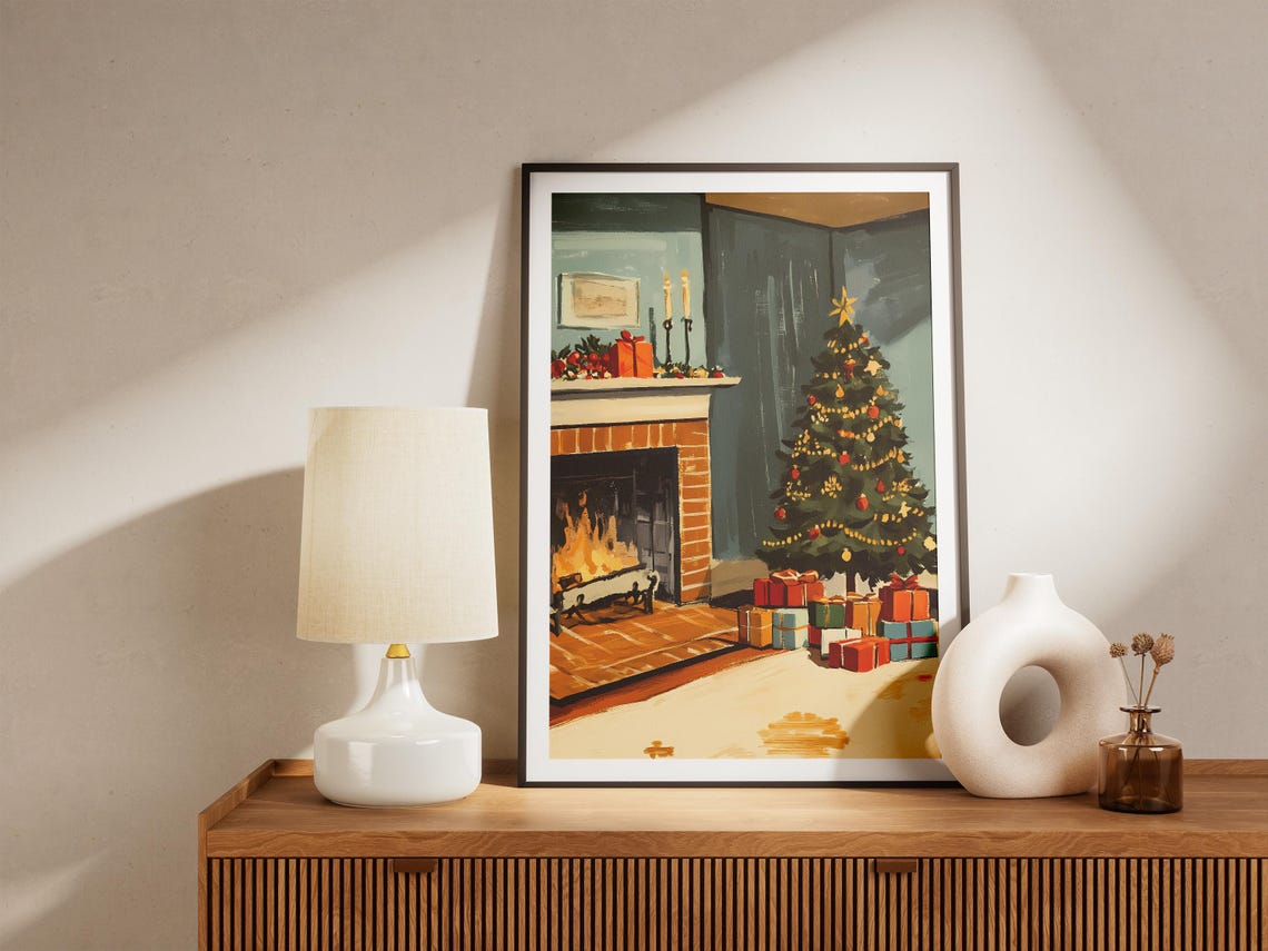 Christmas Tree by Fireplace Vintage Illustration Holiday Poster - Image 4