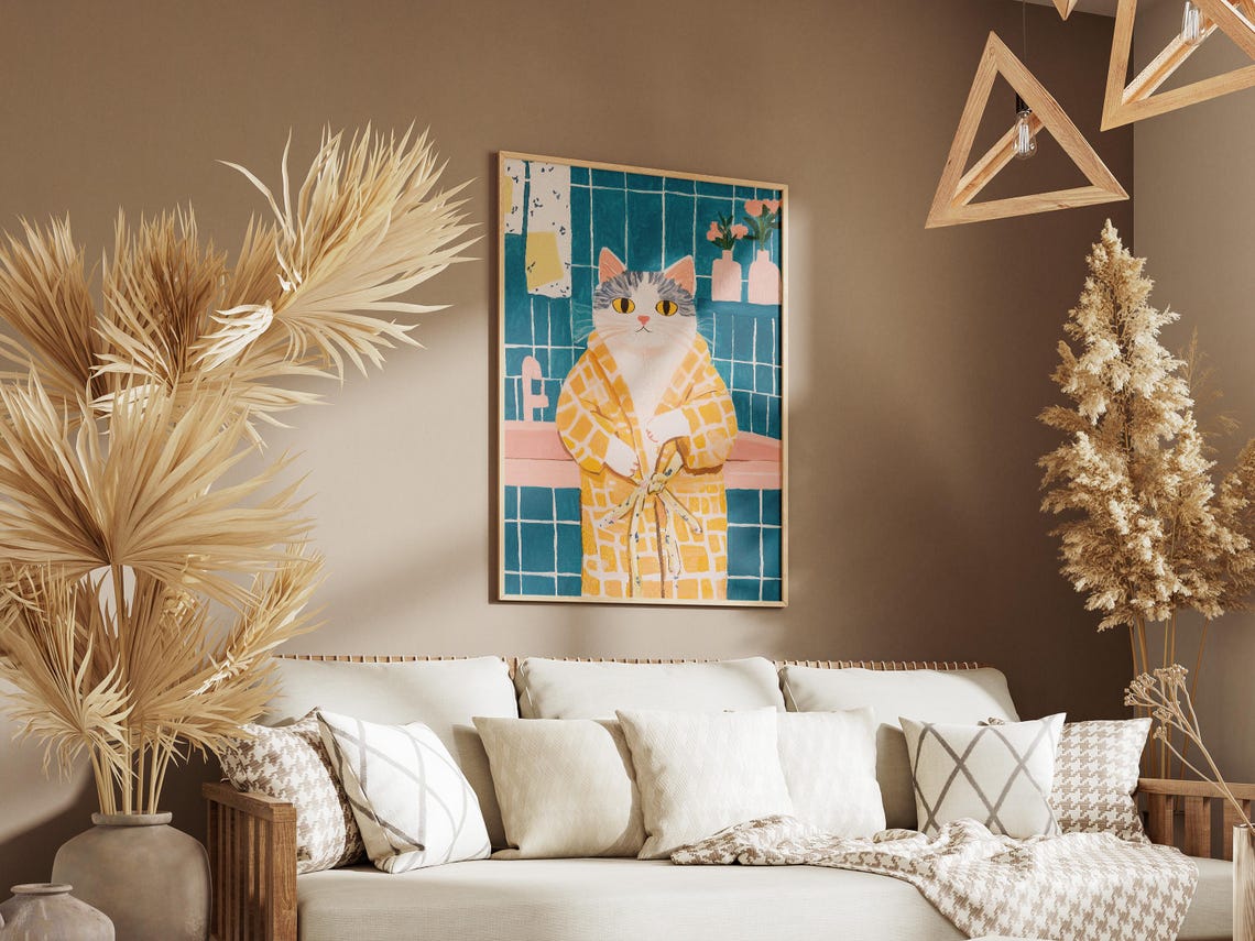 Tabby Cat in Yellow Checkered Bathrobe Cute Fun Bathroom Poster - Image 3