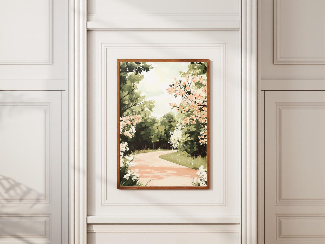 White Flowering Shrubs Lining A Winding Garden Path In Spring Poster - Image 2